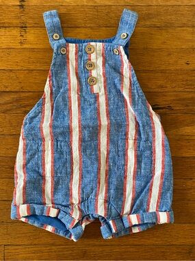 Baby Boden Short Woven Overalls -Blue and Red Stripe